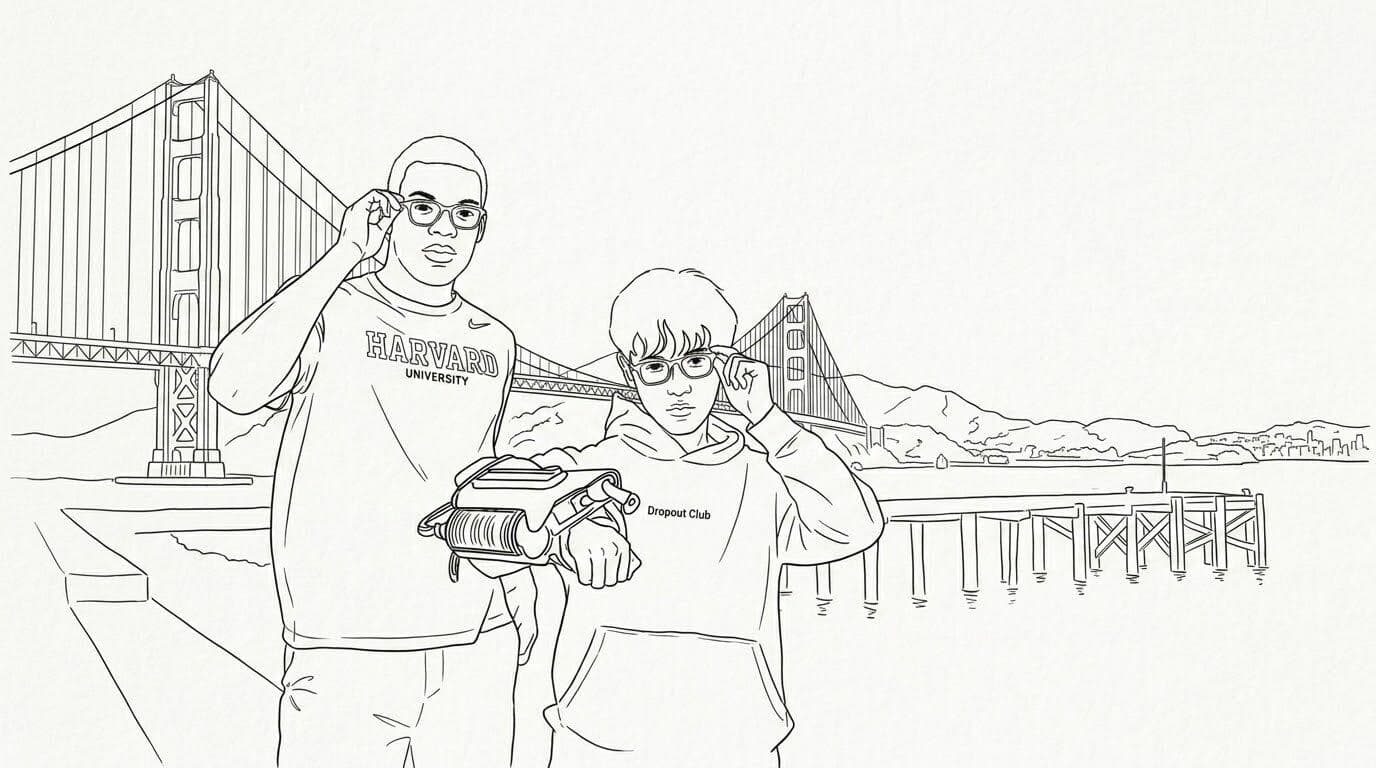 Line-art illustration of Caine and AnhPhu adjusting their smart glasses in front of the Golden Gate Bridge